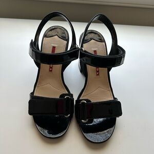 Prada Patent Block Heel Sandals